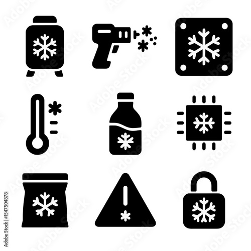 Advanced Freezing Icons. Solid, filled icons set of advanced freezing technologies: cryo-tank, frost beam,