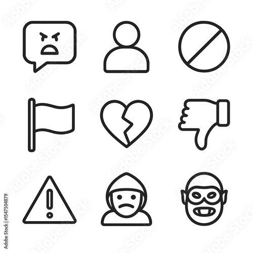 Cyberbullying Icon Set. Outline icon set of cyberbullying risks: angry comment bubble, anonymous avatar, block user button, report