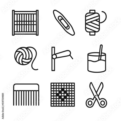 Geometric Rug Tools Icons. Outline icon set of geometric rug manufacturing tools: loom frame, shuttle bobbin, warp thread, weft