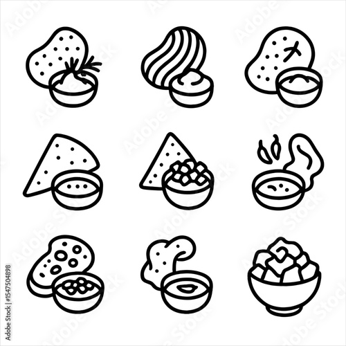 Global Snack Icons. Outline icon set of international variations: Swedish dill chip & aioli, Indian masala chip & chutney,