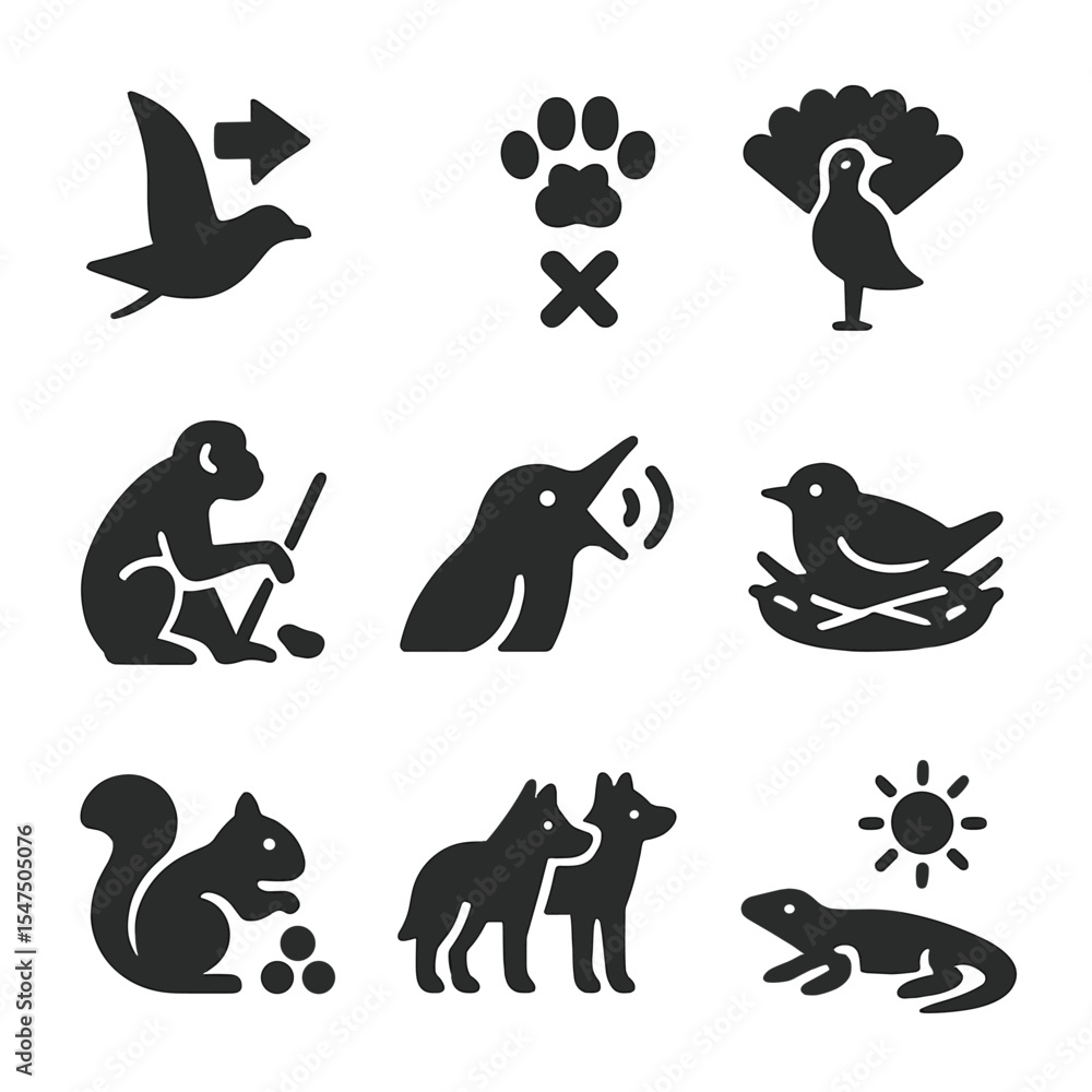 Animal Behavior Icons. Solid, filled icons set of animal behavior adaptations: migration arrow, territory mark Animal Behavior Icons. Solid, filled icons set of animal behavior adaptations: migration arrow, territory mark