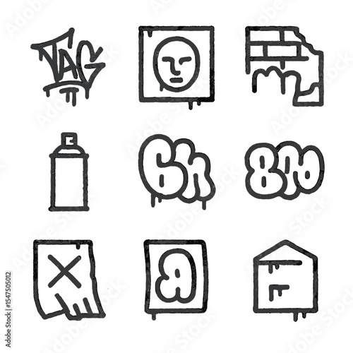 Graffiti Icon Set. Outline icon set of eroded graffiti tags: street artist tag, stencil art, mural fragment, spray can outline,