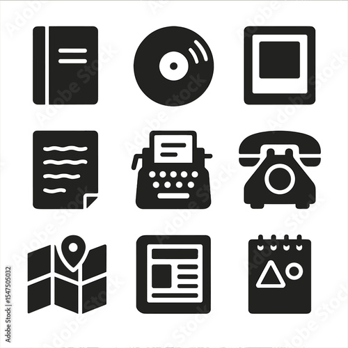 Analog Lifestyle Icons. Solid, filled icons set of analog lifestyle habits: paper planner, vinyl record,