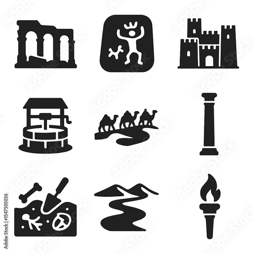 Ancient Desert Icons. Solid, filled icons set of ancient desert landmarks and heritage: old ruins, petroglyph