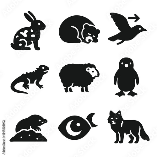 Animal Adaptation Icons. Solid, filled icons set of how animals adapt to their environment: camouflage fur,