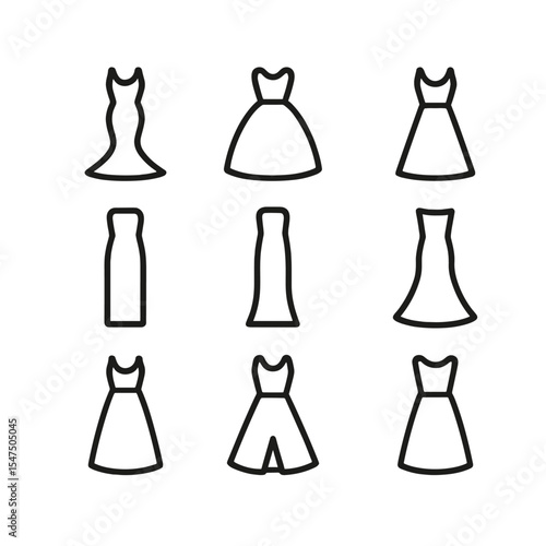 Dress Silhouette Icons. Outline icon set of dress silhouettes: mermaid silhouette, ball gown, A-line, sheath dress, column gown,