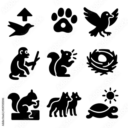 Animal Behavior Icons. Solid, filled icons set of animal behavior adaptations: migration arrow, territory mark