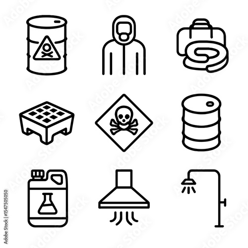 Hazardous Waste Icons. Outline icon set of hazardous waste handling: chemical barrel, hazmat suit, spill kit, containment pallet,