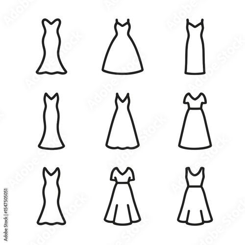 Dress Silhouette Icons. Outline icon set of dress silhouettes: mermaid silhouette, ball gown, A-line, sheath dress, column gown,