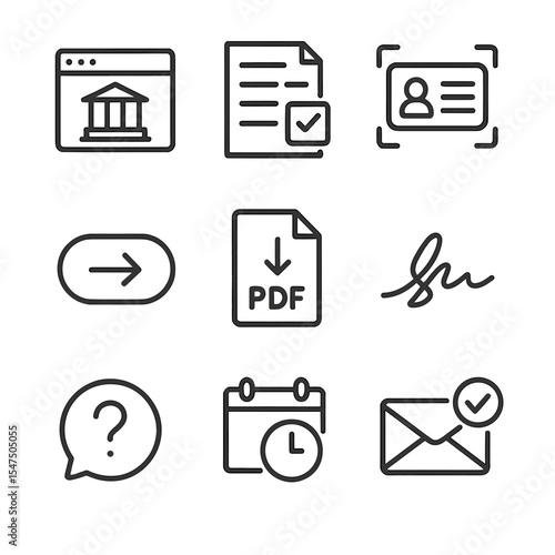 E-Government Icon Set. Outline icon set of e-government and services: government website, online form, ID card scan, submit button