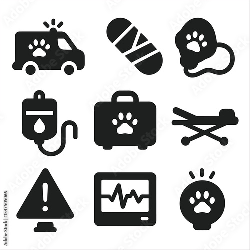 Animal Care Icons. Solid, filled icons set of animal emergency care: ambulance icon, bandage wrap, oxygen mask