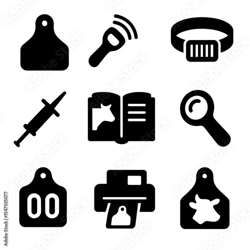 Animal ID Tools Icons. Solid, filled icons set of animal identification tools: ear tag icon, RFID reader,