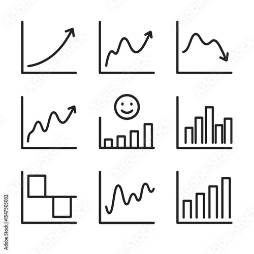 Economic Charts Icon Set. Outline icon set of economic indicator charts: GDP growth line, inflation trend, unemployment rate curve