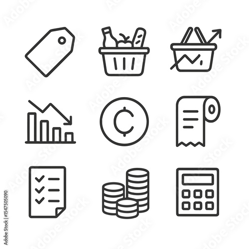 Economic Icon Grid. Outline icon set of economic market baskets: price tag, goods assortment, inflation arrow, expenditure graph,