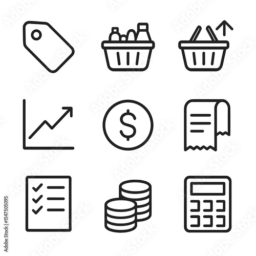 Economic Icon Grid. Outline icon set of economic market baskets: price tag, goods assortment, inflation arrow, expenditure graph,