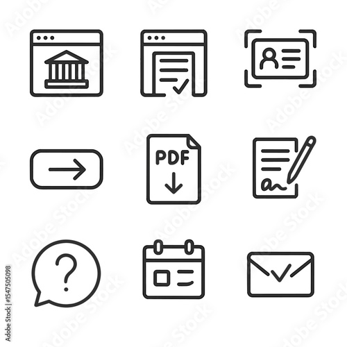 E-Government Icon Set. Outline icon set of e-government and services: government website, online form, ID card scan, submit button