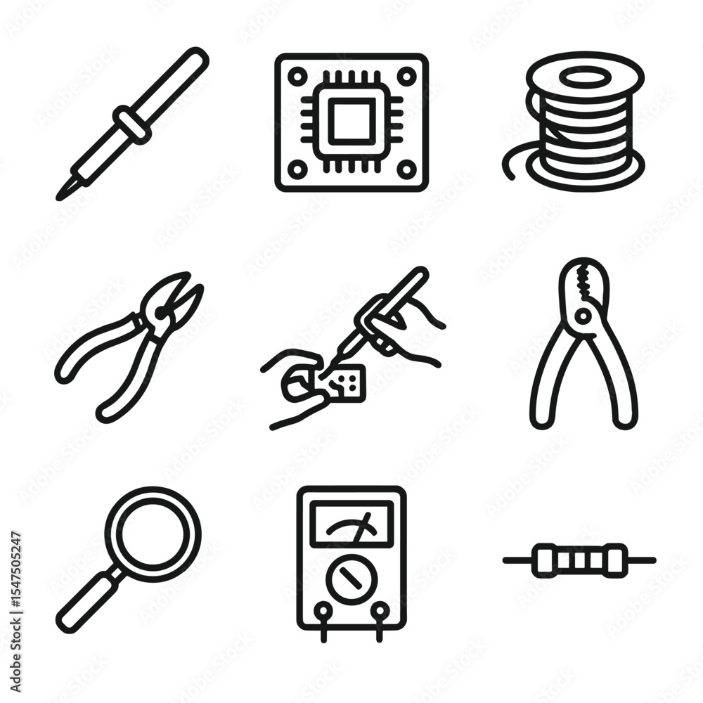 Fototapeta premium Electronics Workshop Icons. Outline icon set of electronics soldering workshop: soldering iron, circuit board, solder wire, pliers
