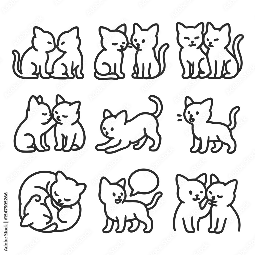 Fototapeta premium Kitten Interaction Icons. Outline icon set of kitten social interactions: nose touch, head bump, tail wrap, mutual grooming, play