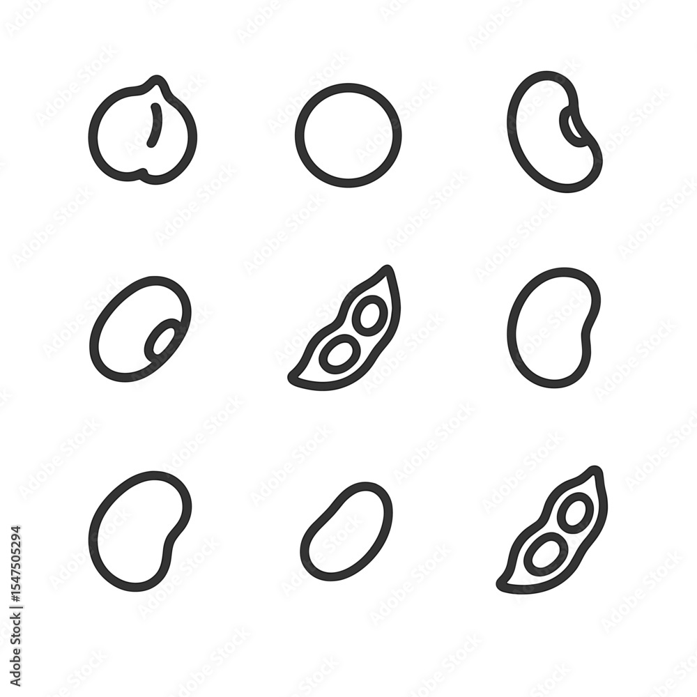 Fototapeta premium Legume Icon Set. Outline icon set of legume family members: chickpea, lentil, kidney bean, black bean, soy bean, fava bean, lima