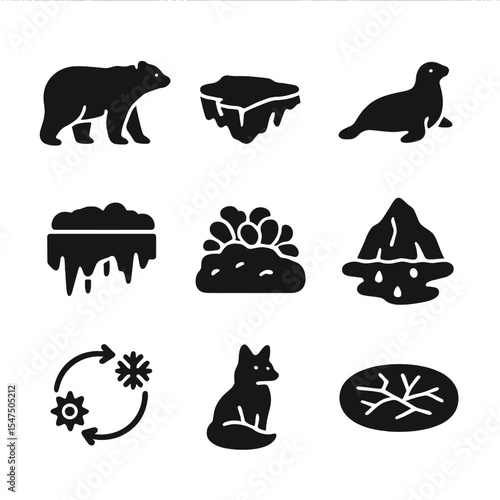 Arctic Icons Grid. Solid, filled icons set of arctic and tundra balance: polar bear, ice sheet, seal,