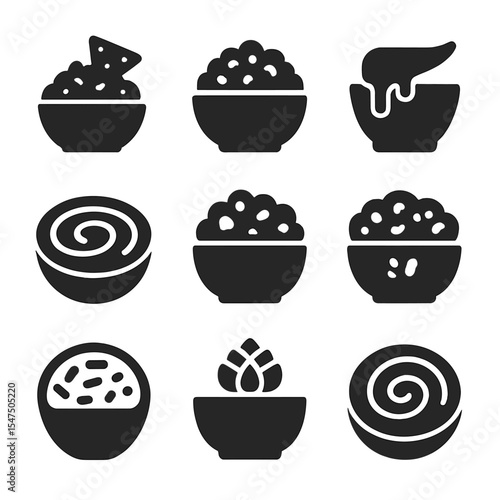 Appetizer Dips Icon Set. Solid, filled icons set of dips and spreads for appetizers: guacamole, salsa, cheese