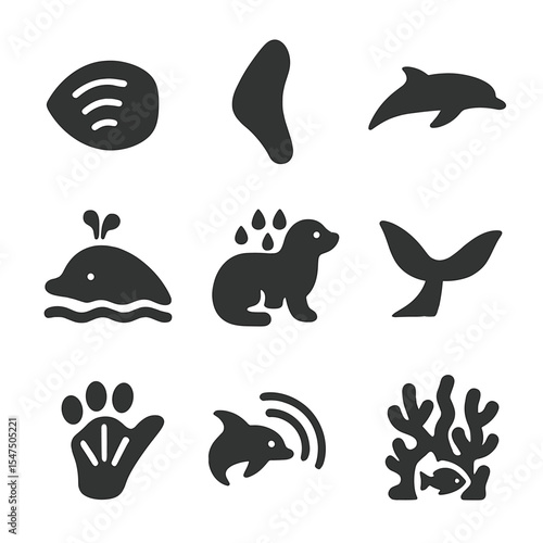 Aquatic Adaptation Icons. Solid, filled icons set of aquatic animal adaptations: gills icon, flipper fin,