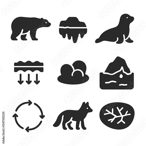 Arctic Icons Grid. Solid, filled icons set of arctic and tundra balance: polar bear, ice sheet, seal,