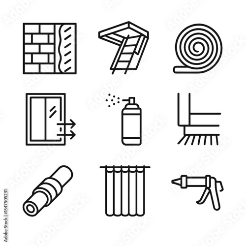 Insulation Icons Grid. Outline icon set of insulation and sealing: wall insulation, attic hatch, weatherstripping tape,