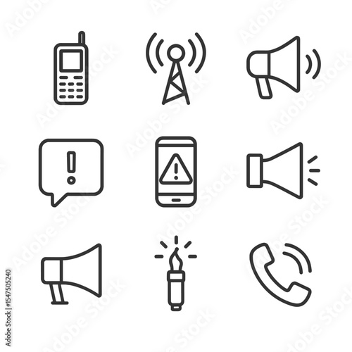 Emergency Communication Icons. Outline icon set of emergency communication systems: satellite phone, radio tower, dispatch console