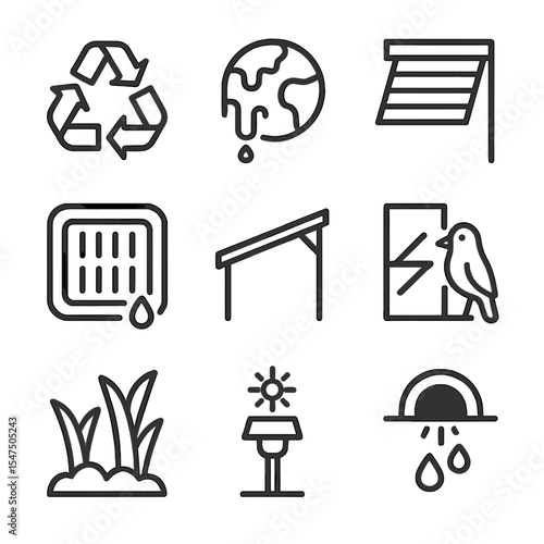 Environmental Icon Set. Outline icon set of environmental considerations: recyclable materials, eco-friendly coating, water runoff
