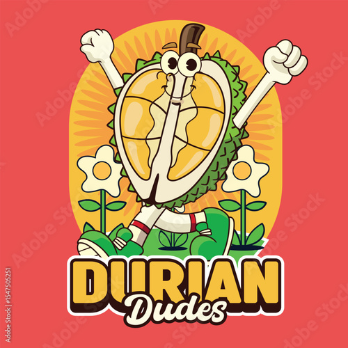 Cute Durian fruit 70s retro comic cartoon character illustration