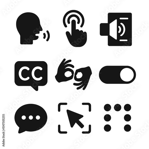 Assistive Technology Icons. Solid, filled icons set of assistive technology features: voice command, haptic