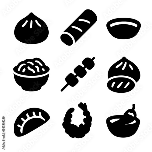 Asian Appetizer Icons. Solid, filled icons set of Asian appetizer dishes: dumpling icon, spring roll, soy