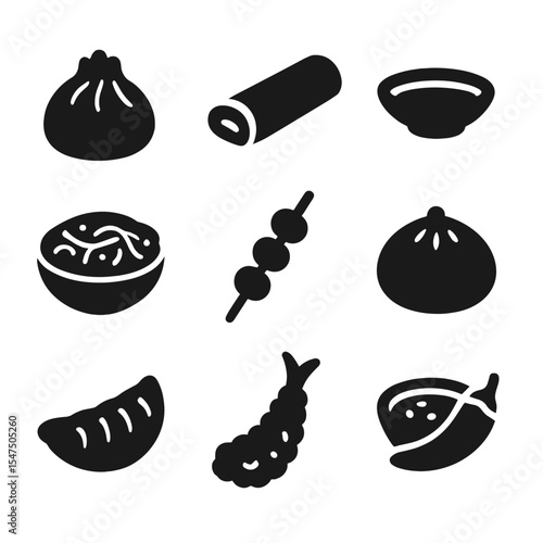 Asian Appetizer Icons. Solid, filled icons set of Asian appetizer dishes: dumpling icon, spring roll, soy