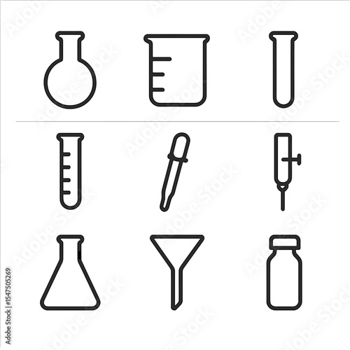 Laboratory Glassware Icons. Outline icon set of laboratory glassware: flask, beaker, test tube, graduated cylinder, pipette,