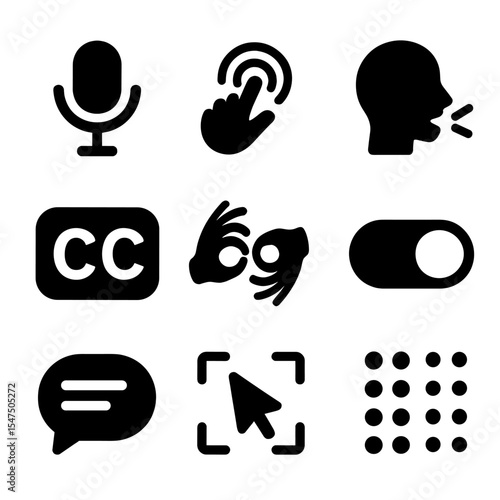 Assistive Technology Icons. Solid, filled icons set of assistive technology features: voice command, haptic