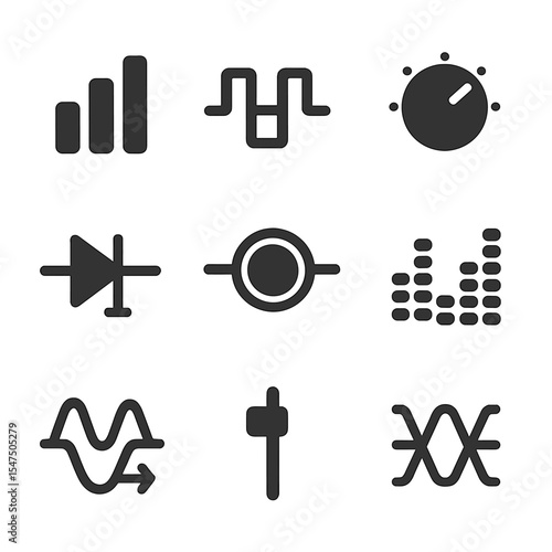 Audio Control Icons. Solid, filled icons set of sound wave manipulation: equalizer bar, modulation icon,