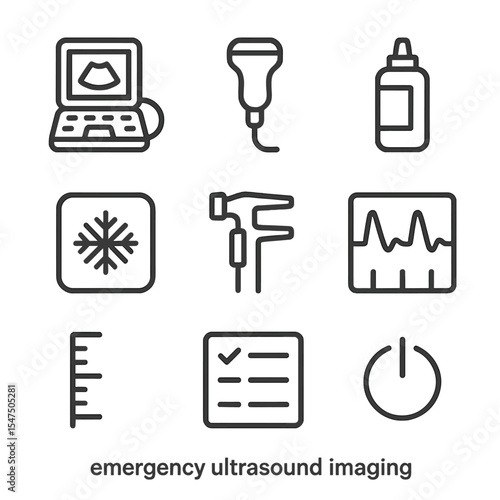 Emergency Ultrasound Icons. Outline icon set of emergency ultrasound imaging: portable ultrasound machine, transducer, gel bottle,