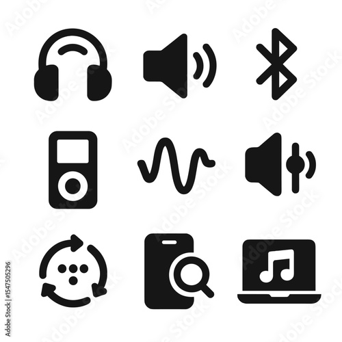 Audio Device Icons. Solid, filled icons set of audio device syncing: wireless headphone, speaker icon,