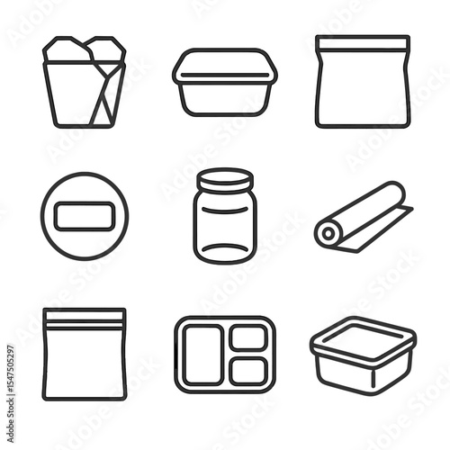 Leftovers Icon Set. Outline icon set of leftovers and to-go boxes: takeout box, food container, sandwich bag, label sticker,