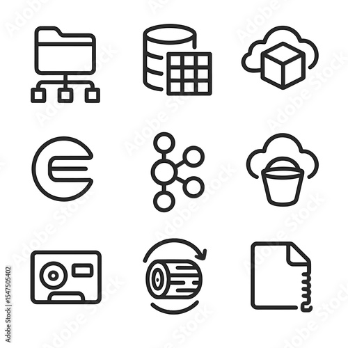 Log Storage Icons. Outline icon set of log storage solutions: file system, database table, object storage, Elasticsearch index,