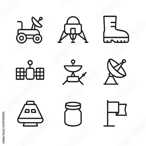 Lunar Exploration Icons. Outline icon set of lunar exploration vehicles: lunar rover, lander, astronaut boot, satellite, space