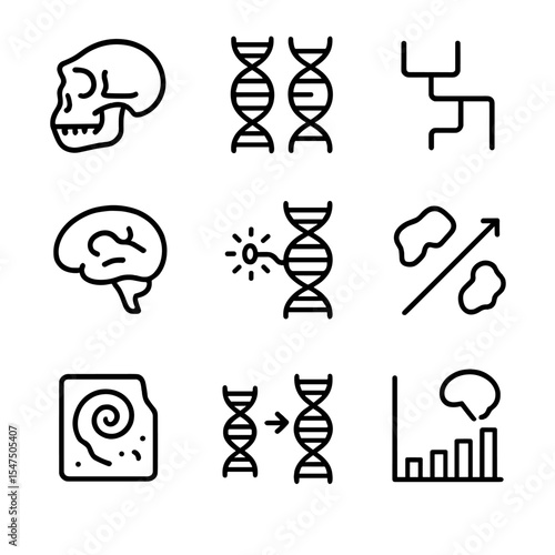Evolutionary Genetics Icons. Outline icon set of evolutionary genetics of the brain: hominid skull, comparative DNA strands,