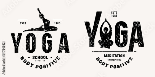 Body positive yoga class emblem. Graphic design with typographic and silhouettes of girl in asana. Brown print with rough texture on white background