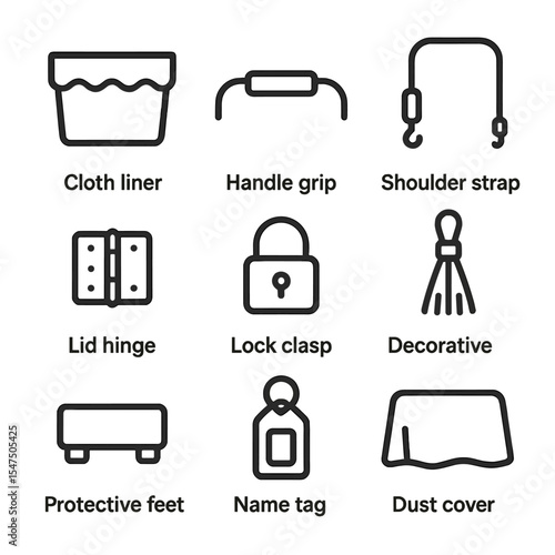 Basket Icon Set. Outline icon set of basket accessories: cloth liner, handle grip, shoulder strap, lid hinge, lock clasp,