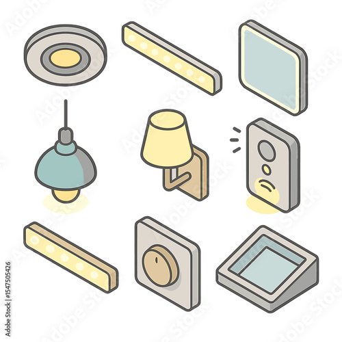 Bathroom Lighting Icons. Isometric Flat icon set of bathroom lighting solutions: recessed ceiling light, LED vanity strip, backlit