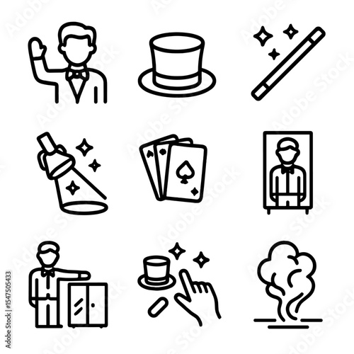 Magic Icon Set. Outline icon set of stage magic: magician performing, top hat, magic wand, spotlight, deck of cards, illusionist,