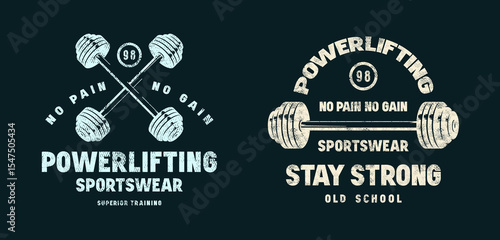Emblem for powerlifting club. Graphic design with rough texture for t-shirt. Blue print on dark background