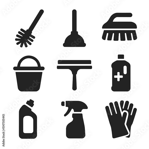 Bathroom Cleaning Icons. Solid, filled icons set of bathroom cleaning tools: toilet brush, plunger, grout