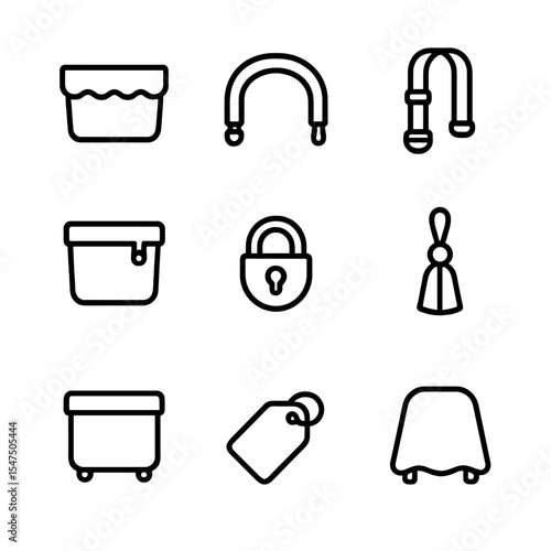 Basket Icon Set. Outline icon set of basket accessories: cloth liner, handle grip, shoulder strap, lid hinge, lock clasp,